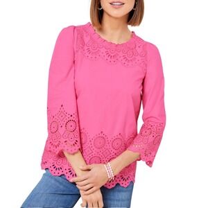 Talbots Petite Pink Eyelet Embroidered Ruffle Neck Blouse Top LP